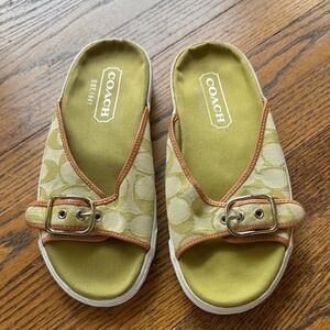 Coach Bonny Signature buckle strap sandals in chartreuse. Canvas upper. Size 8.